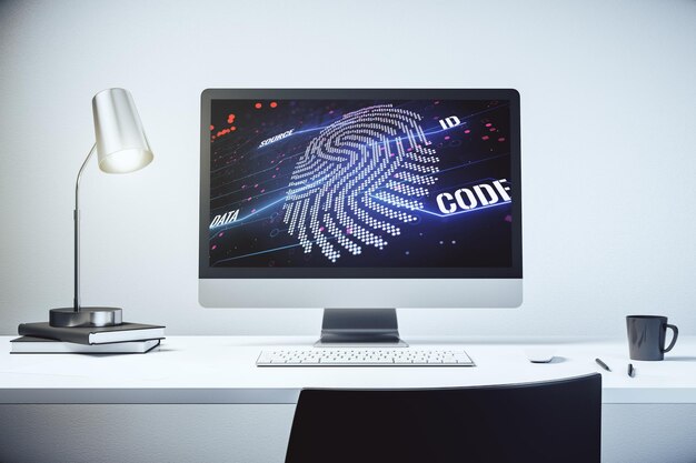 Pantalla de computadora moderna con dibujo gráfico abstracto de huellas dactilares concepto de datos de escaneo de huellas dactilares Representación 3D