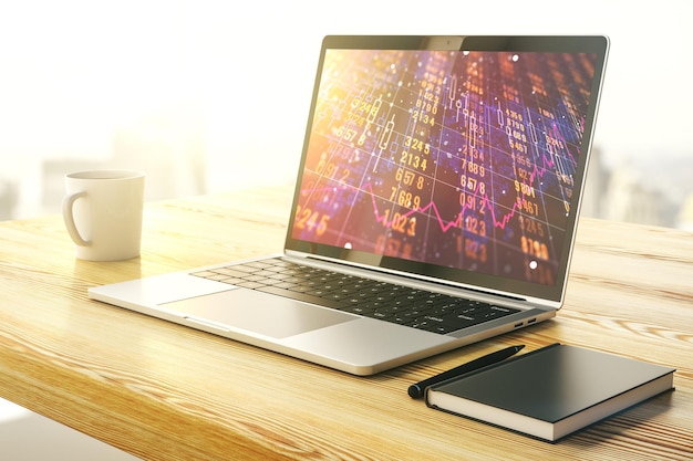 Pantalla de computadora moderna con estadísticas creativas, datos de hologramas y concepto de análisis, representación 3D