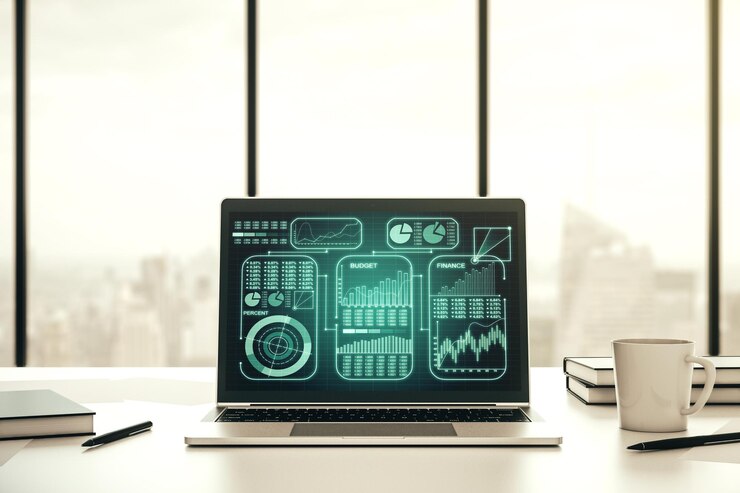 Foto pantalla de computadora moderna con estadísticas creativas, datos de hologramas y concepto de análisis, representación 3d