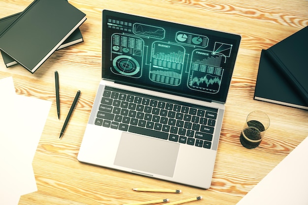 Pantalla de computadora moderna con estadísticas creativas, datos de hologramas y concepto de análisis, representación 3D