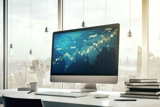 Pantalla de computadora moderna con gráfico financiero abstracto con concepto financiero y comercial de mapa mundial Representación 3D