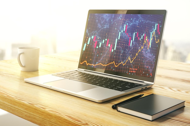 Pantalla de computadora moderna con gráfico financiero abstracto con concepto financiero y comercial de mapa mundial Representación 3D