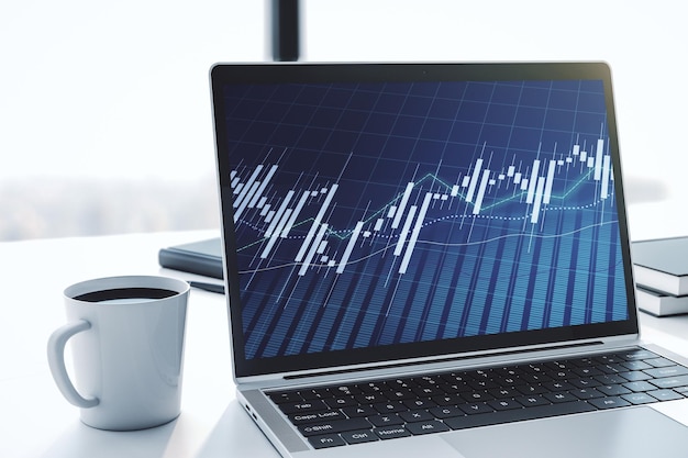 Pantalla de computadora moderna con gráfico financiero abstracto, concepto financiero y comercial, representación 3D