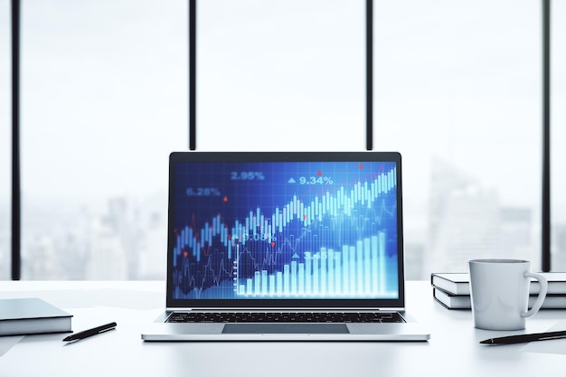 Pantalla de computadora moderna con gráfico financiero abstracto, concepto financiero y comercial, representación 3D