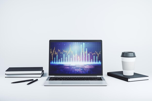 Pantalla de computadora moderna con gráfico financiero abstracto, concepto financiero y comercial, representación 3D