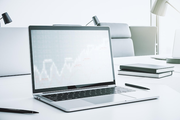 Pantalla de computadora moderna con gráfico financiero abstracto, concepto financiero y comercial, representación 3D