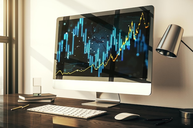 Pantalla de computadora moderna con gráfico financiero abstracto, concepto financiero y comercial, representación 3D