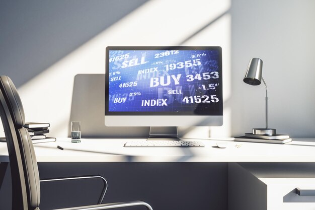 Pantalla de computadora moderna con gráfico financiero abstracto, concepto financiero y comercial, representación 3D
