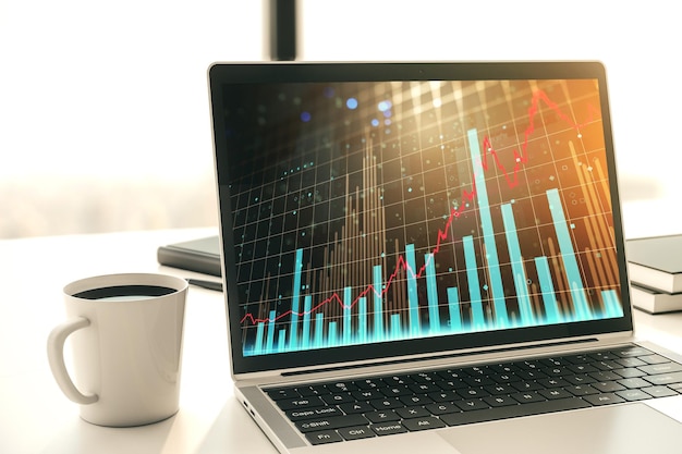 Pantalla de computadora moderna con gráfico financiero abstracto, concepto financiero y comercial, representación 3D
