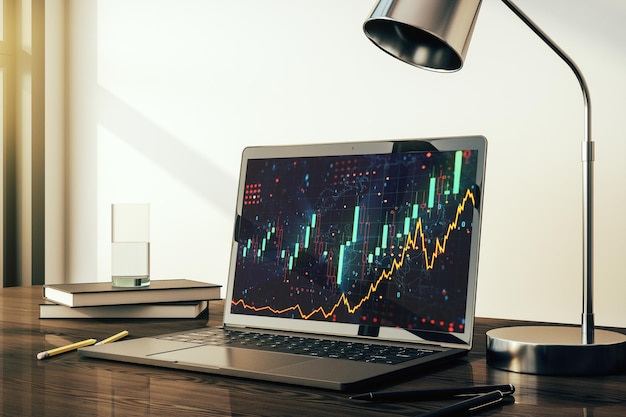 Pantalla de computadora moderna con gráfico financiero abstracto, concepto financiero y comercial, representación 3D