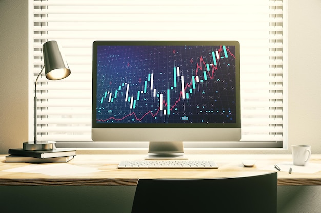 Pantalla de computadora moderna con gráfico financiero abstracto, concepto financiero y comercial, representación 3D