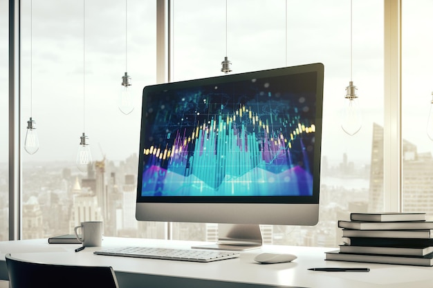Pantalla de computadora moderna con gráfico financiero abstracto, concepto financiero y comercial, representación 3D
