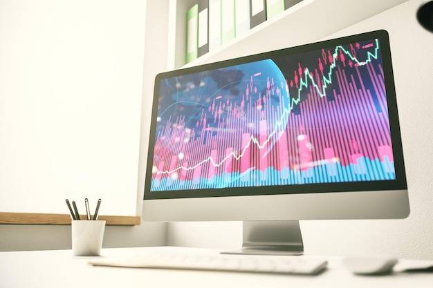 Pantalla de computadora moderna con gráfico financiero abstracto con mapa mundial concepto financiero y comercial Representación 3D