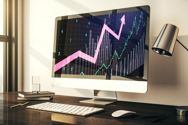 Pantalla de computadora moderna con gráfico financiero creativo abstracto y subida de flecha hacia arriba y concepto de avance 3D Rendering