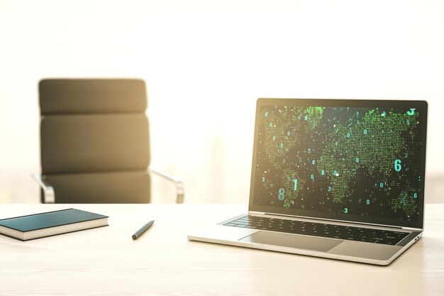 Pantalla de computadora moderna con holograma de desarrollo de software abstracto y mapa mundial concepto de investigación y análisis global Representación 3D