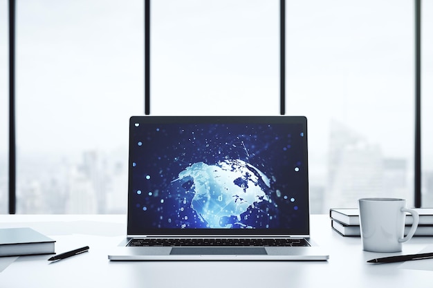 Pantalla de computadora moderna con holograma de desarrollo de software abstracto y mapa mundial concepto de investigación y análisis global Representación 3D