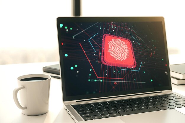 Pantalla de computadora moderna con holograma de huella dactilar creativo concepto de datos biométricos personales Representación 3D