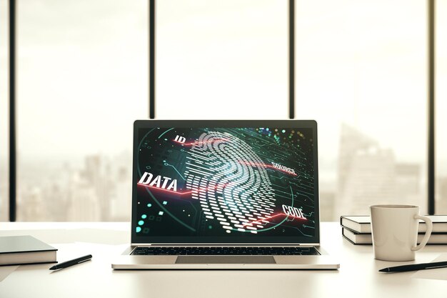 Pantalla de computadora moderna con holograma de huella dactilar creativo concepto de datos biométricos personales Representación 3D