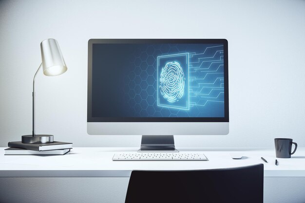 Pantalla de computadora moderna con holograma de huella dactilar creativo concepto de datos biométricos personales Representación 3D