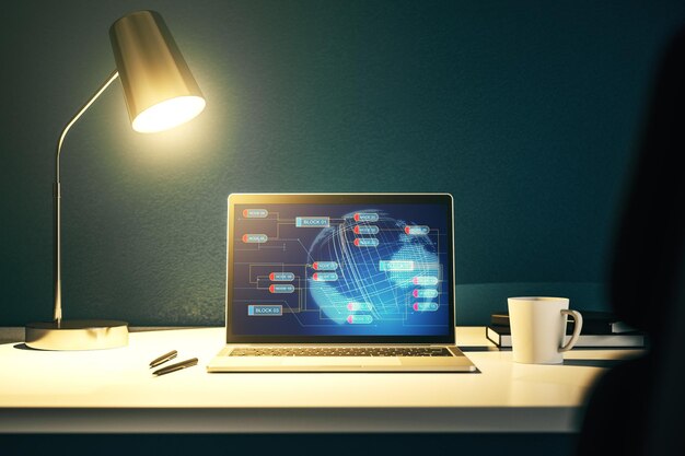 Pantalla de computadora moderna con holograma de lenguaje de programación abstracto y concepto de inteligencia artificial de mapa mundial y redes neuronales Representación 3D