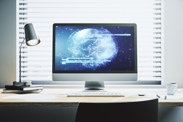 Pantalla de computadora moderna con holograma de lenguaje de programación abstracto y concepto de inteligencia artificial de mapa mundial y redes neuronales Representación 3D