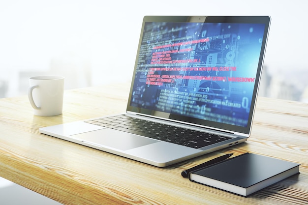 Pantalla de computadora moderna con holograma de lenguaje de programación abstracto inteligencia artificial y concepto de aprendizaje automático Rendering 3D.