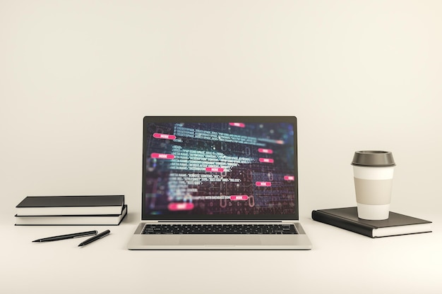Pantalla de computadora moderna con holograma de lenguaje de programación abstracto inteligencia artificial y concepto de aprendizaje automático Representación 3D
