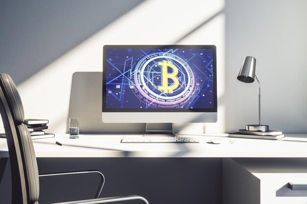 Pantalla de computadora moderna con holograma de símbolo Bitcoin creativo Concepto de minería y blockchain 3D Rendering