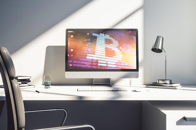 Pantalla de computadora moderna con holograma de símbolo Bitcoin creativo Concepto de minería y blockchain 3D Rendering