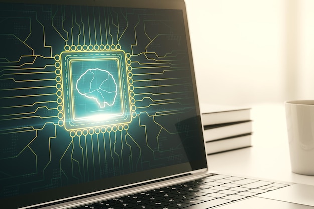 Pantalla de computadora moderna con microcircuito cerebral humano creativo Tecnología futura y concepto de IA Representación 3D