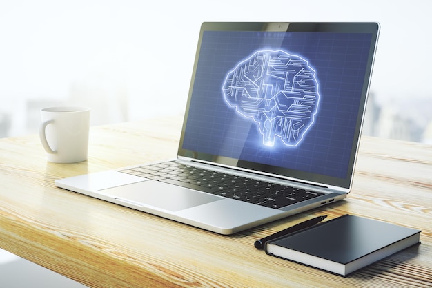 Pantalla de computadora moderna con microcircuito cerebral humano creativo Tecnología futura y concepto de IA Representación 3D