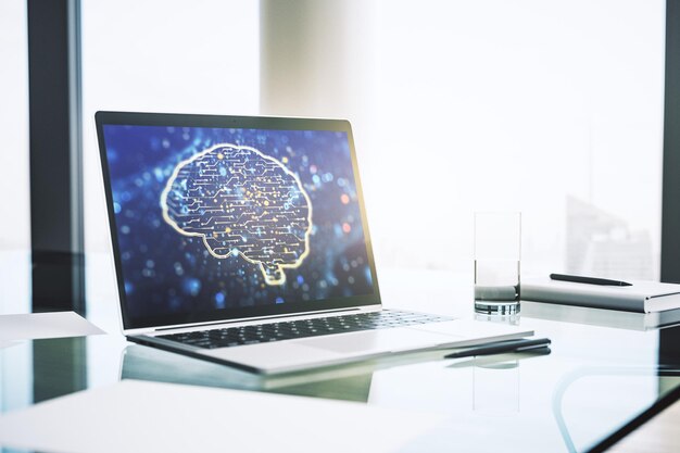 Pantalla de computadora moderna con microcircuito cerebral humano creativo Tecnología futura y concepto de IA Representación 3D