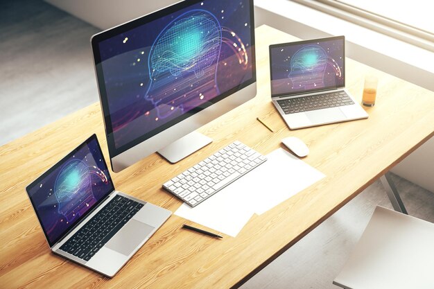 Pantalla de computadora moderna con microcircuito creativo de cabeza humana Tecnología futura y concepto de IA Renderización 3D