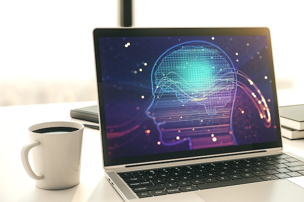 Pantalla de computadora moderna con microcircuito creativo de cabeza humana Tecnología futura y concepto de IA Representación 3D