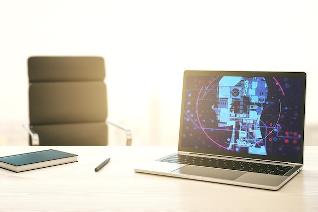 Pantalla de computadora moderna con microcircuito creativo de cabeza humana Tecnología futura y concepto de IA Representación 3D