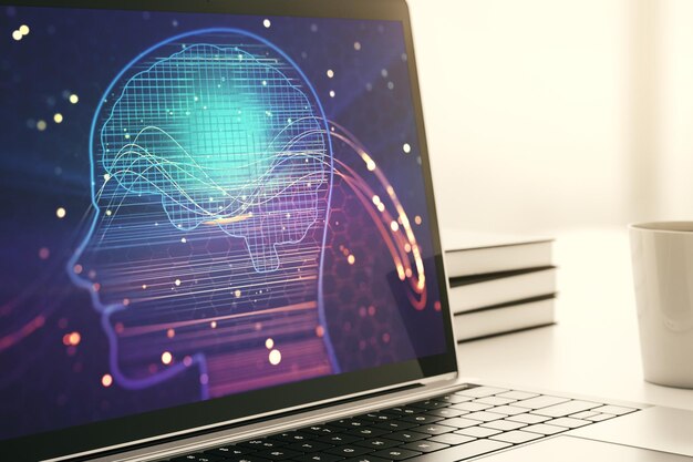 Pantalla de computadora moderna con microcircuito creativo de cabeza humana Tecnología futura y concepto de IA Representación 3D