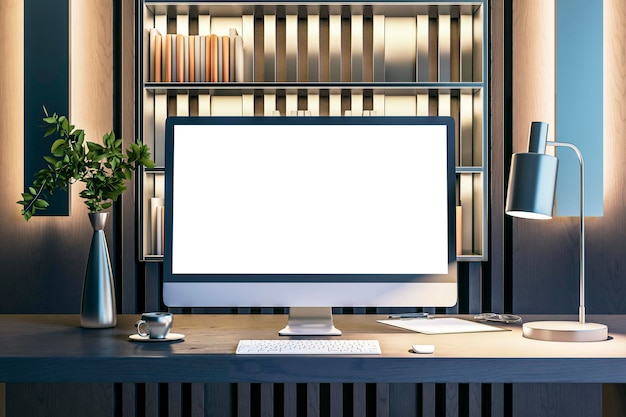 Una pantalla de computadora moderna con una pantalla blanca en blanco en un escritorio de madera con libros una planta y iluminación ambiental que muestra un concepto de un lugar de trabajo Rendering 3D
