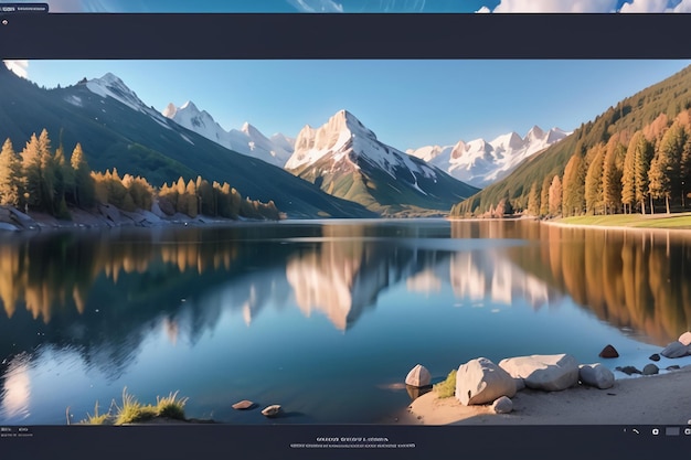 Foto una pantalla de computadora con una montaña y un lago.