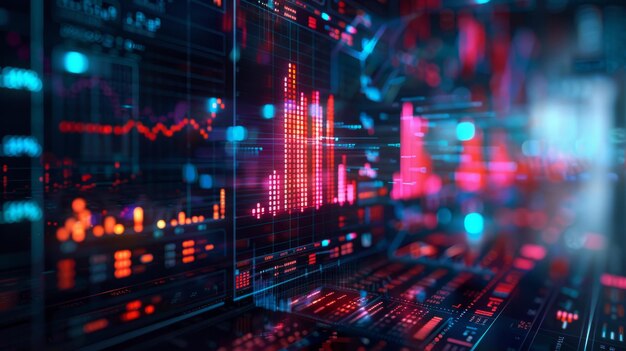 Una pantalla de computadora con muchas líneas rojas y azules y números La imagen es de un gráfico del mercado de valores
