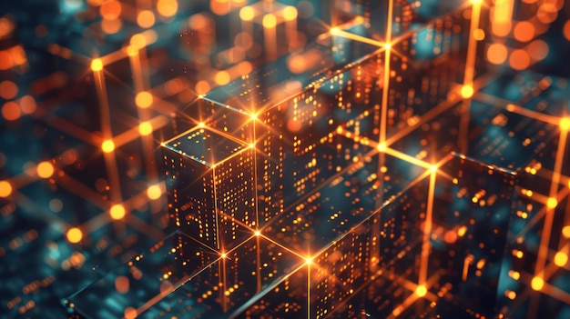 una pantalla de computadora con muchas luces naranjas y azules