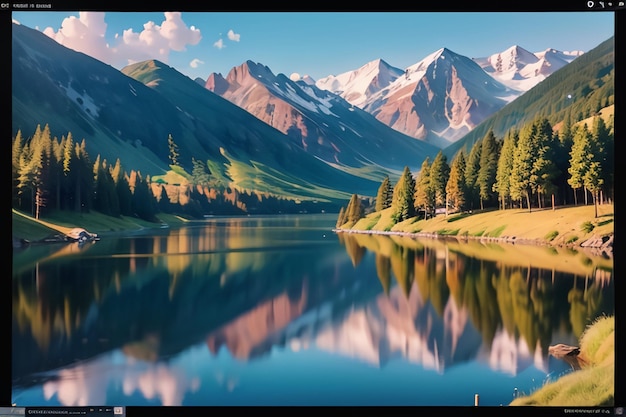 Una pantalla de computadora muestra un lago de montaña y el cielo muestra las montañas y los árboles están cubiertos de nieve.