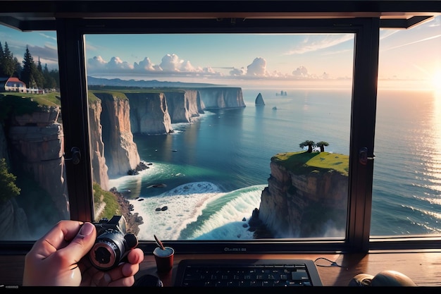 La pantalla de una computadora muestra un paisaje y un hombre que sostiene una cámara.