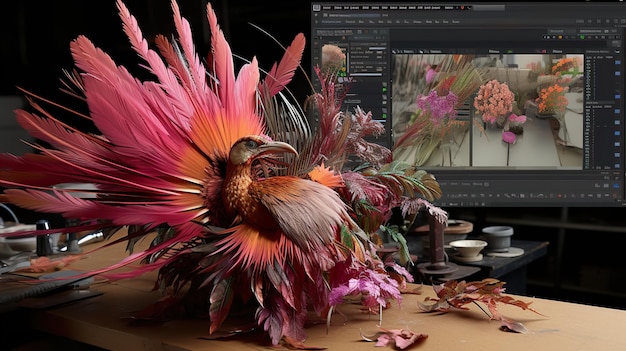 una pantalla de computadora con un pájaro en ella y una flor en el fondo