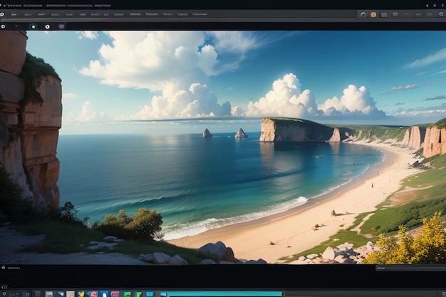 Una pantalla de computadora con una playa y un cielo azul en la pantalla.