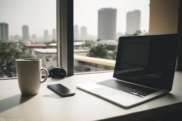 Pantalla de computadora portátil en blanco y taza de papel en la mesa con silla blanca y vista de la ciudad desde la maqueta de la ventana grande