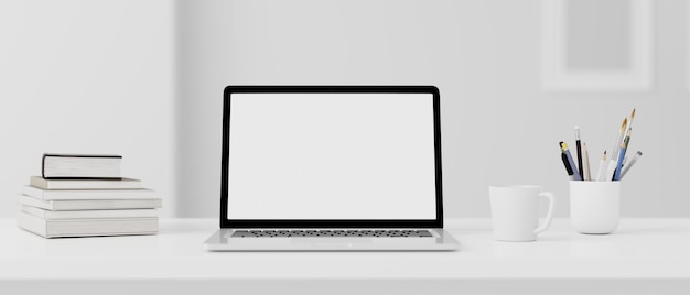Pantalla de computadora portátil en blanco y varios elementos en el espacio de trabajo de escritorio en la sala de oficina en casa Ilustración de renderización 3D