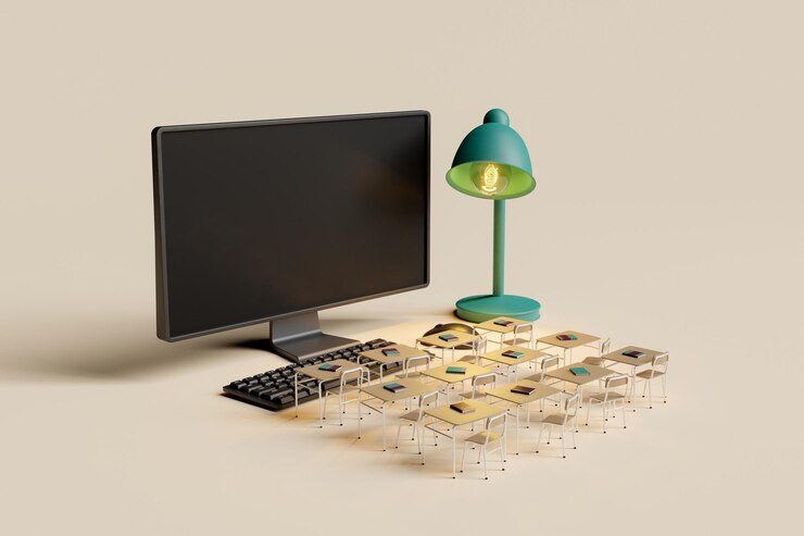 Foto pantalla de computadora con pupitres escolares y una lámpara que ilumina