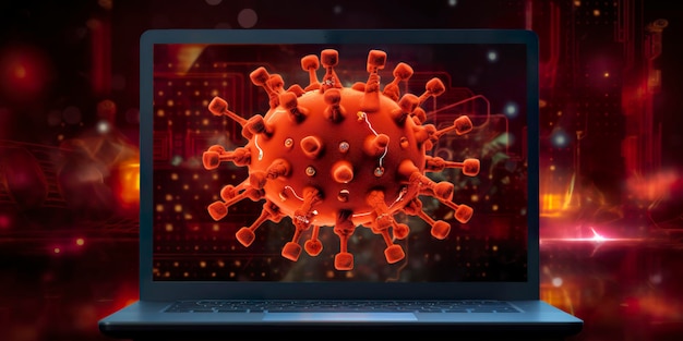 Pantalla de computadora que muestra una notificación de instalación de actualización con un símbolo de virus AI Generative