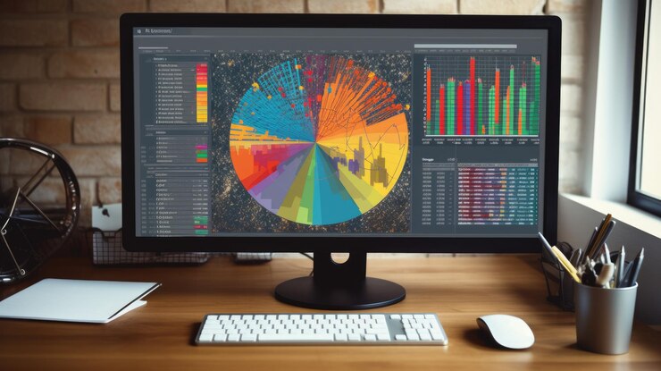 Foto una pantalla de computadora que muestra varios gráficos de informes financieros y un pastel en el fondo de la oficina corporativa ai generativo aig32