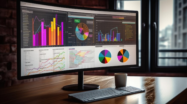 Una pantalla de computadora que muestra varios gráficos de informes financieros y un pastel en el fondo de la oficina corporativa hermosa AI generativa AIG32